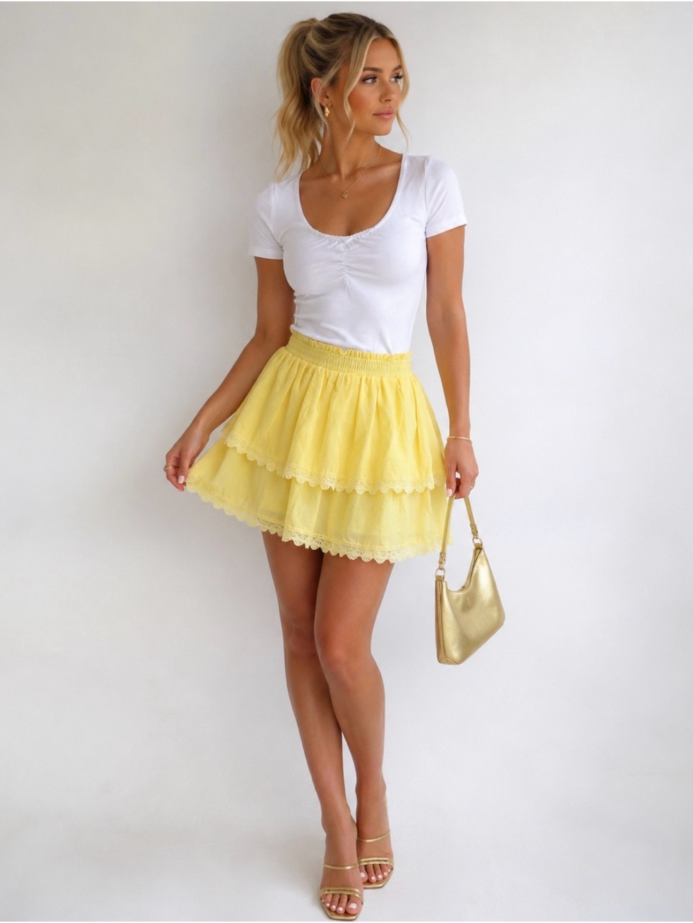 Yellow Tiered Mini Skirt - Women's Summer Skirt SZ L